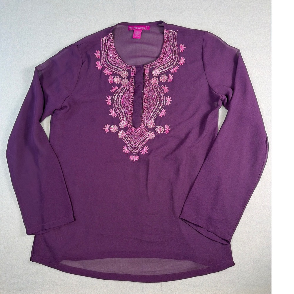 Mix Nouveau Purple‎ Beaded Embroidered Long Sleeve Blouse Top Womens Large Boho